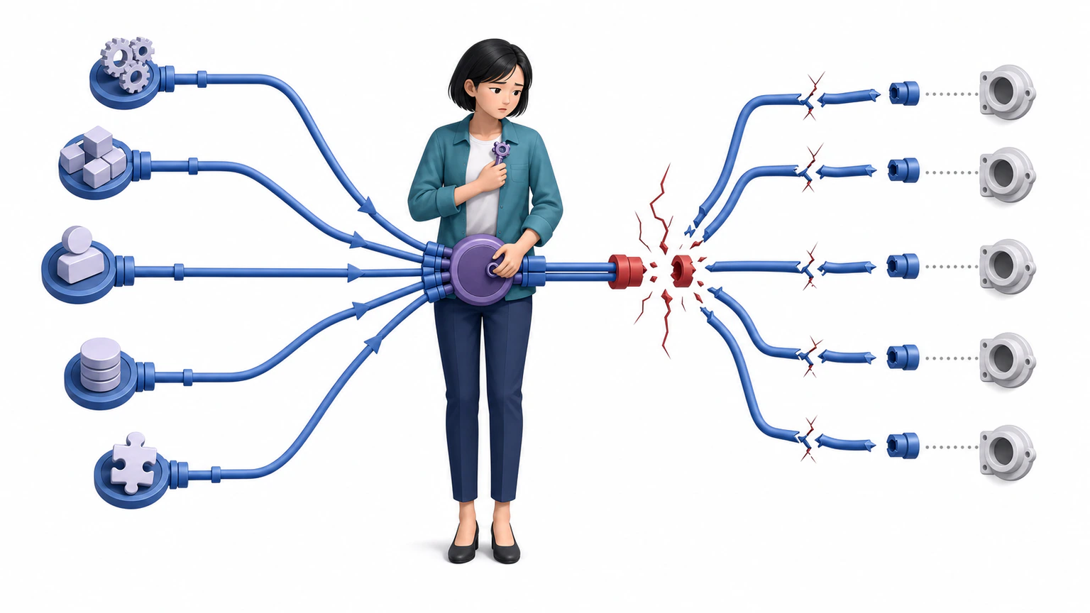 五条输入线集中到林曦手中的紫色单点连接器，红色断口发生后，右侧五条下游线路同时断开。