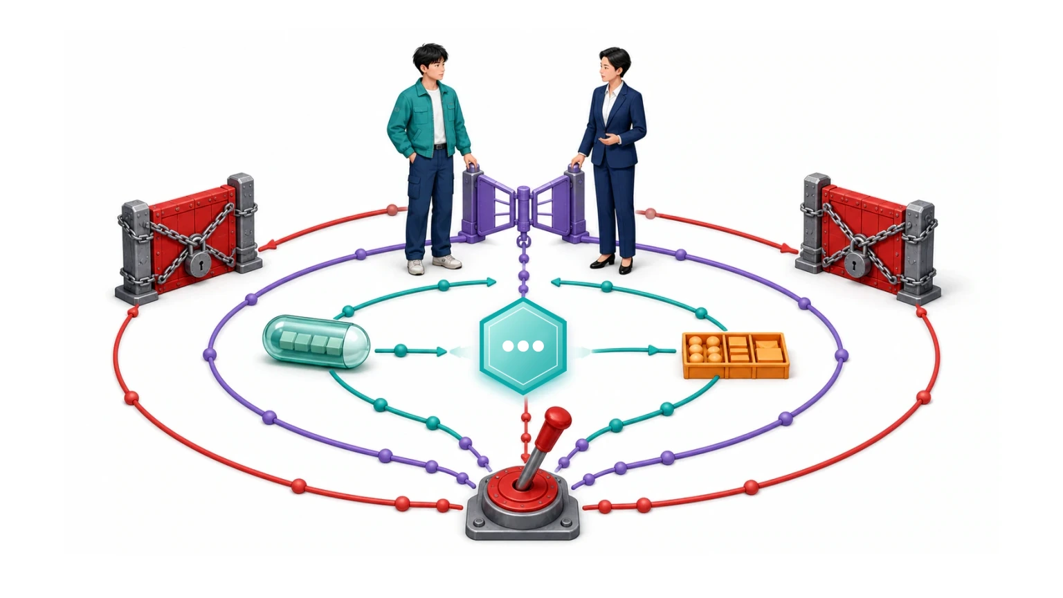 林曦与周老师在三层权限边界中处理任务：允许路径直通，审批路径过门，禁止路径在停止端终止。