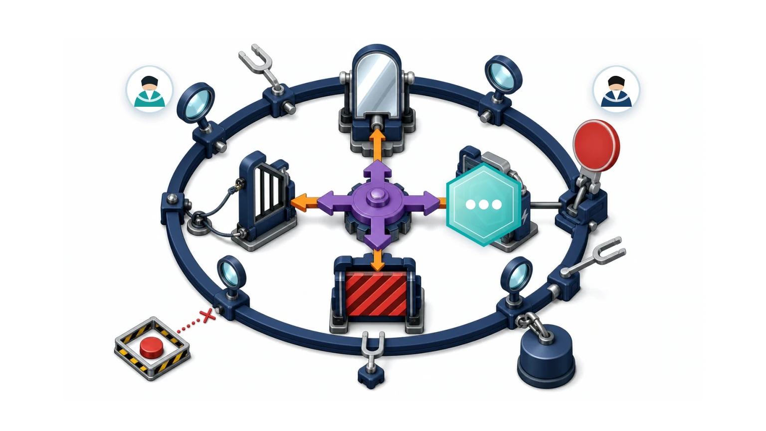 林曦与周老师分列混合治理环两侧，唯一三点 AI 连接自动执行支路，监控、阻断、急停和人工接管沿环保持。