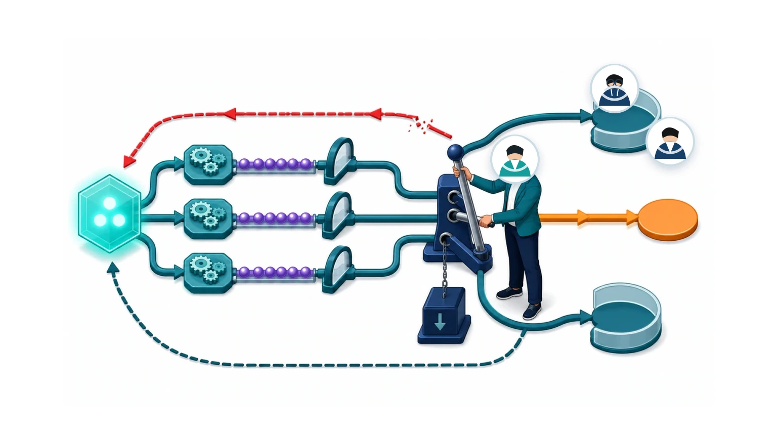 唯一三点 AI 光核将任务分成三条候选路由，林曦与人工控制台执行取舍，周岚徽章和周老师徽章位于责任签收端，失败和反馈路径返回更新。